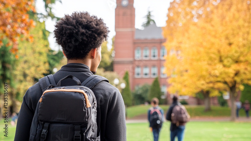 
An American male student wearing his backpack is walking on the campus of Washington State University, with other students visible in the background. 