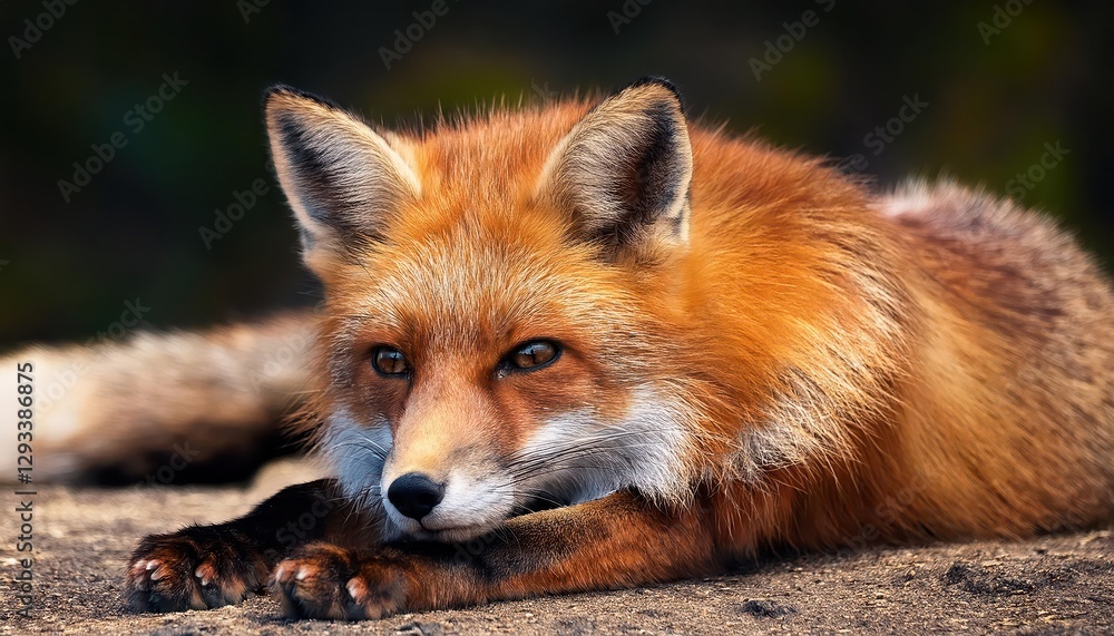 Fototapeta premium Intimate Portrait of a Red Fox, Majestically Resting Amidst Autumn Leaves, Showcasing Furs Glistening Amber Tones and Capturing the Serenity of Natures Hidden Sanctum.