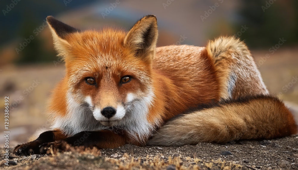 Fototapeta premium Majestic Red Fox Lounging in Forest Undergrowth, Gorgeous Fur Coat Contrasting with Dappled Shadows, Captured Momentarily amidst the Serene Wilderness.