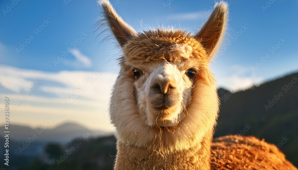 Fototapeta premium Closeup of an Alpaca Gazing Intently Under Full Sunlight in Andean Highlands, Showcasing Soft Wool Texture and Vivid Eyes Amidst Golden Fields and Blue Sky, Capturing the Majesty of this
