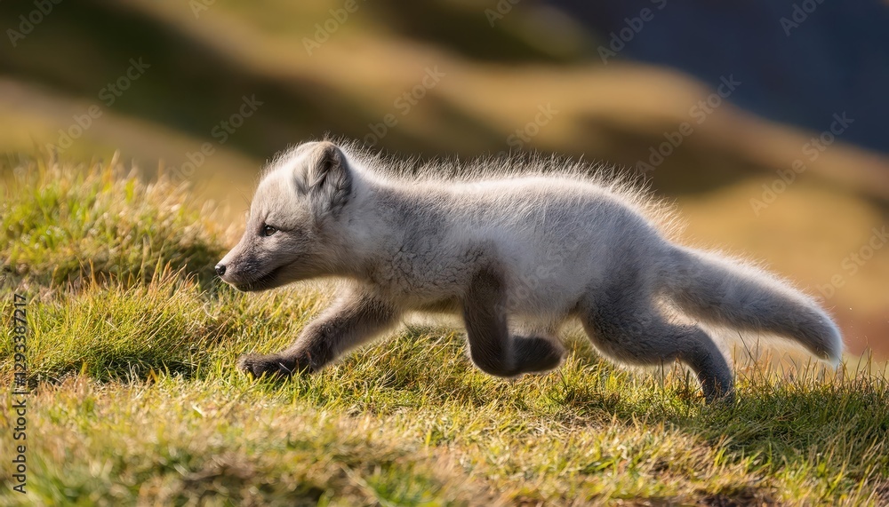 Naklejka premium Sprightly Arctic Fox Cub Scampering Across Tundra Grass, Icy Blue Backdrop and White Fur in Motion Against a Bright Sunlit Background, Capturing the Playful Spirit of the Polar Wilderness.