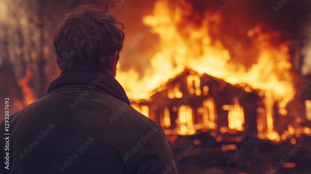 man looks at the flaming house, danger, fire man looks at the flaming house, danger, fire