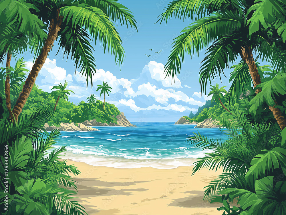 Fototapeta premium Cartoon art of a tropical summer getaway, peaceful beach vibes.