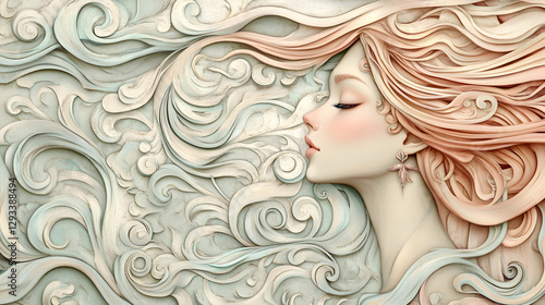 Art Nouveau mermaid illustration with long flowing hair, detailed aquatic elements, and soft pastel waves 
