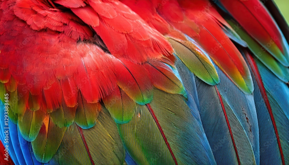 Obraz premium Striking Closeup of Red and Green Macaw Feathers Against a Rich Textured Background, Showcasing Exotic Beauty and Vibrant Colors in Tropical Wilderness