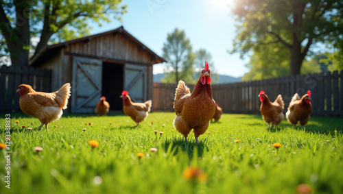 Chickens are exploring lush green grass in a sunny farmyard setting. A wooden barn stands in the background surrounded by vibrant foliage and flowers