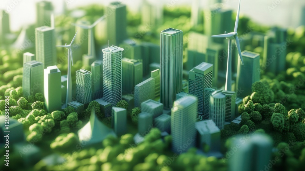 Obraz premium Urban landscape model showcasing sustainable architecture and renewable energy solutions