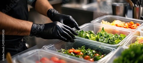 Fototapeta Naklejka Na Ścianę i Meble -  Chef Prepping Fresh Salad Ingredients in Restaurant Kitchen