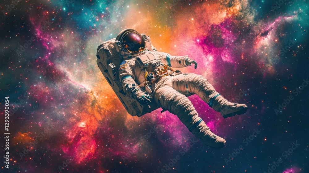 Fototapeta premium Astronaut floating in vibrant galaxy with colorful nebula and stars