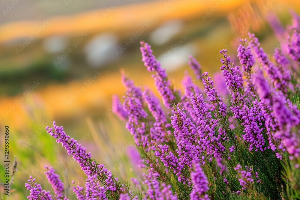 Obraz premium Vibrant Purple Heather Flowers in a Field at Sunset