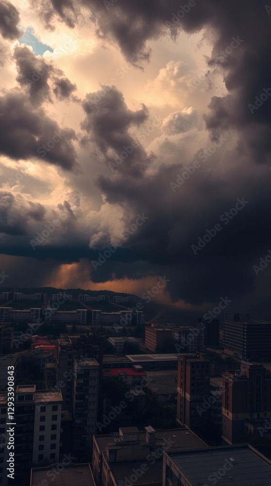 Fototapeta premium Dramatic stormy sky over urban skyline creates a striking contrast at dusk