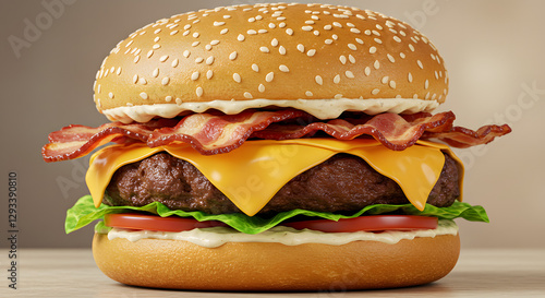 A mouth-watering gourmet burger with crispy bacon and melted cheese, ideal for restaurant menus, food blogs, or advertising campaigns