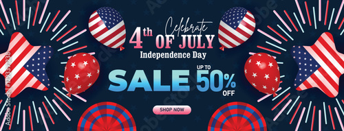 Happy 4th of July Sale Web Banner. Fourth July Independence Day Sale Background. 4th of July sale banner with American flag balloons, stars, confetti offering up to 50% discount