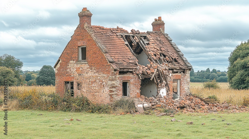 A derelict brick house, partially collapsed, sits in a field under a cloudy sky. The roof is severely damaged, revealing the interior. A derelict brick house, partially collapsed, sits in a field under a cloudy sky. The roof is severely damaged, revealing the interior.