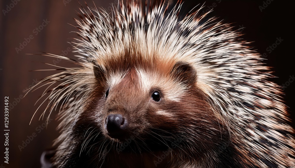 Fototapeta premium Detailed Portrayal of a Static Porcupine, Displaying Intricate Fur Textures and Quill Detail against a Natural Backdrop, Showcasing the Unique Characteristics of this Prickly Mammal in an