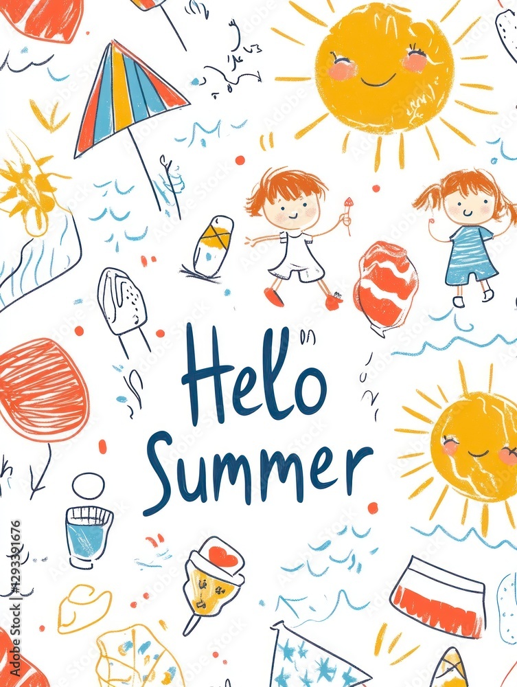 Naklejka premium colorful drawing of summer icons and imagery, such as kites, suns, ice cream, and children playing in the background