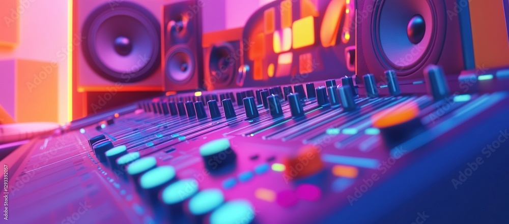 Fototapeta premium Close Up View of Music Production Mixer with Neon Pink and Blue Lighting