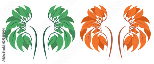 Vector set of human kidneys clip arts. Collection of healthy and unhealthy lifestyle. Anatomical organs made of summer and autumn foliage. Illustration for medical articles and banners
