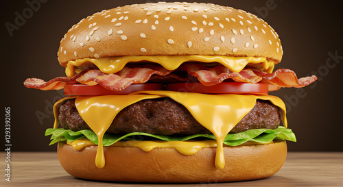 A mouth-watering gourmet burger with crispy bacon and melted cheese, ideal for restaurant menus, food blogs, or advertising campaigns