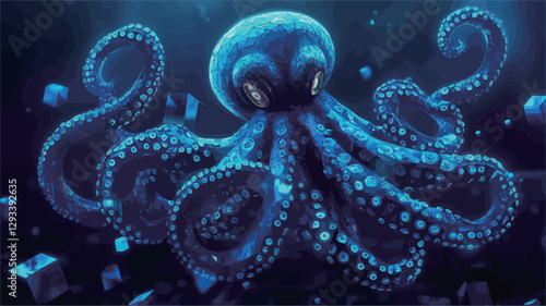 A digital illustration depicting a bioluminescent octopus in a deep-sea environment. The octopus is rendered in shades of blue, with a glowing effect.  It has multiple tentacles, detailed suckers,