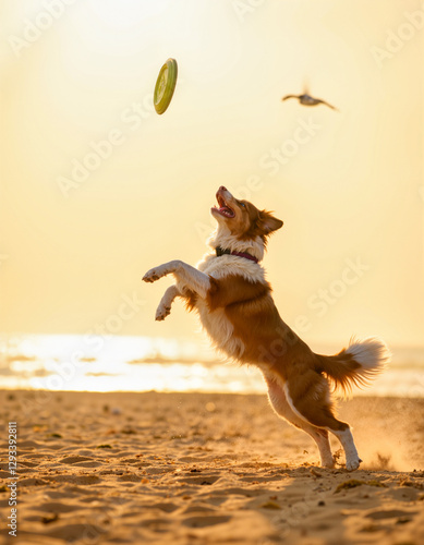 Dog jumping for frisbee at sunset beach