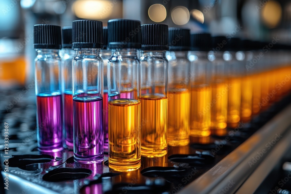 Colorful liquid samples arranged in vials during a laboratory experiment in a modern research facility Colorful liquid samples arranged in vials during a laboratory experiment in a modern research facility