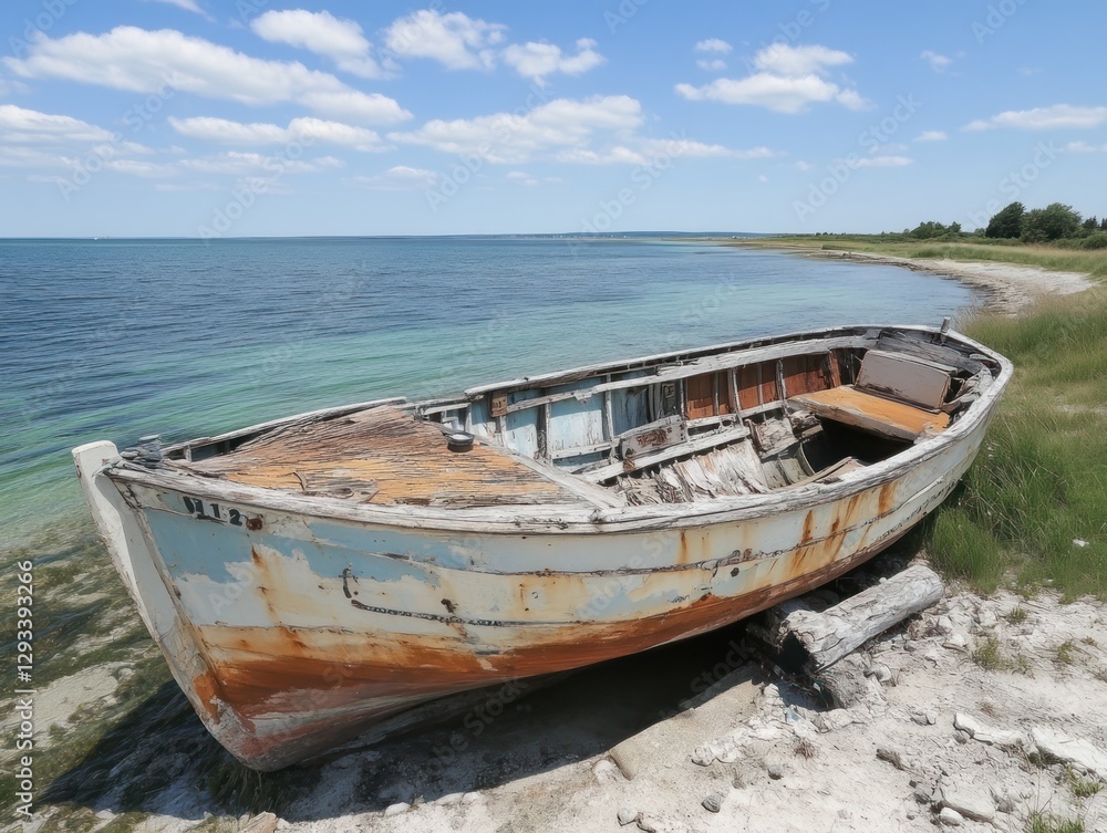 An old, weathered wooden boat rests on a sandy shore near calm blue water under a partly cloudy sky. An old, weathered wooden boat rests on a sandy shore near calm blue water under a partly cloudy sky.