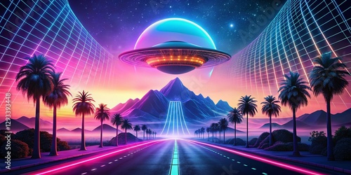 Synthwave Palm Trees & UFO Double Exposure: Retro Futuristic Road Trip