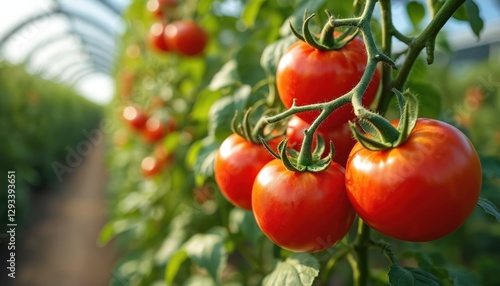 Wallpaper Mural Ripe red tomatoes grow on vine in sunny greenhouse. Tasty crop, fresh vegetables, juicy ingredient for healthy food, cultivated on farm. Vitamins source, raw vegetarian diet, natural organic harvest. Torontodigital.ca