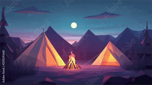 Digital illustration depicting a nighttime campsite scene. The style is low-poly or polygonal, with simplified geometric shapes used to represent the tents, mountains, and trees. Two illuminated