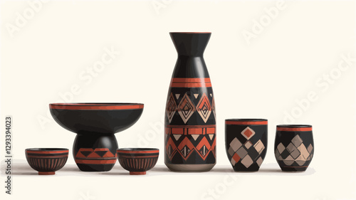 Studio shot of a sake set consisting of a decanter, a larger bowl on a stand, and four small cups. All pieces are predominantly black ceramic with orange and red geometric/tribal patterns. The