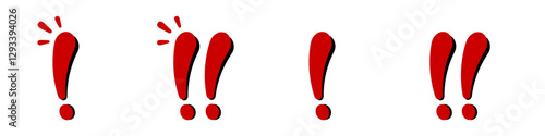 A sequence of four bold red exclamation marks in a line, each mark uniquely styled.