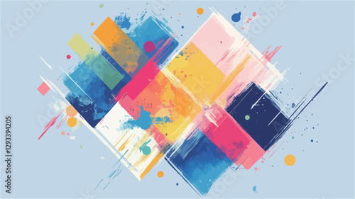 The image is a digital illustration featuring an abstract composition of overlapping geometric shapes in various bright colors, including pink, yellow, blue, orange, and white.  The shapes appear