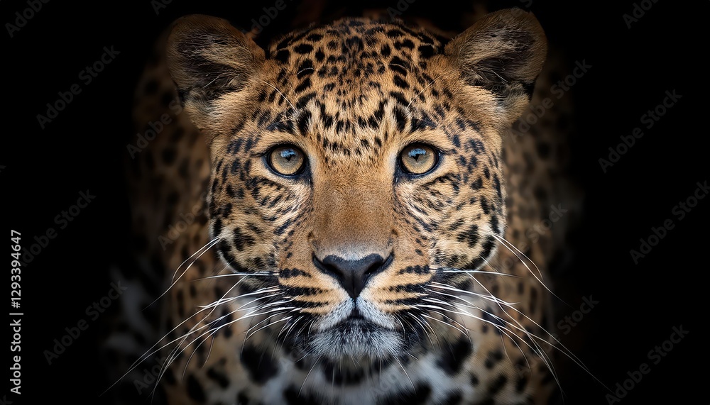 Naklejka premium Striking Leopards Intense Gaze, Majestic Felid Portrayed in Vivid Detail against a Striped Backdrop, Capturing the Wild Power and Intrigue of Africas Big Cats.