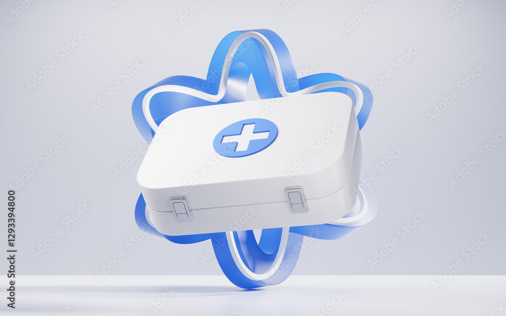 Obraz premium Medical first-aid kit with blue curve frame background, 3d rendering.