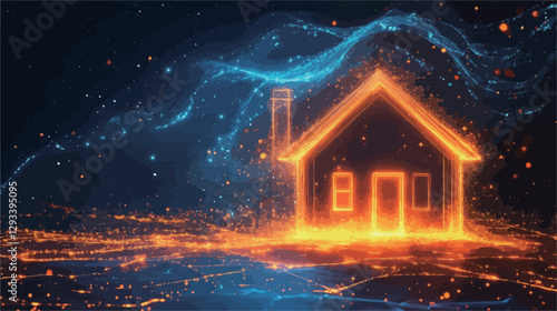 The image depicts a stylized house icon rendered in bright orange-red glowing lines, situated on a dark, textured surface suggestive of a city at night. The background features abstract blue and