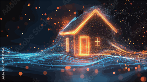 A digital illustration depicting a stylized house outline rendered in warm orange light. The house is situated on a base of flowing, dynamic blue energy waves,  composed of small particles of