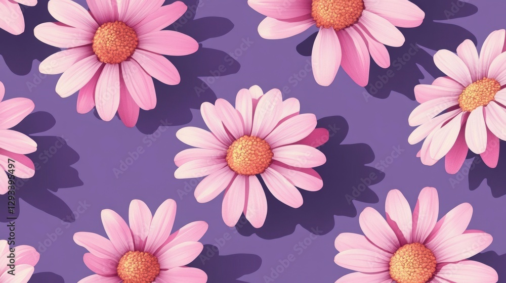 pink daisies on a purple background, with simple shapes, flat design, vector illustration pink daisies on a purple background, with simple shapes, flat design, vector illustration