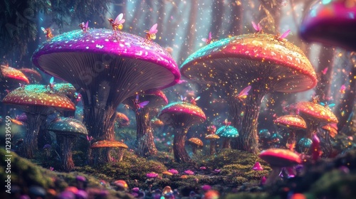 A fantasy landscape filled with giant rainbow-colored mushrooms, with tiny fairies flying around, casting magical dust in the air. photo