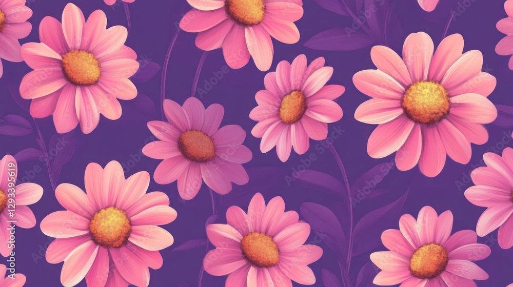 pink daisies on a purple background, with simple shapes, flat design, vector illustration pink daisies on a purple background, with simple shapes, flat design, vector illustration
