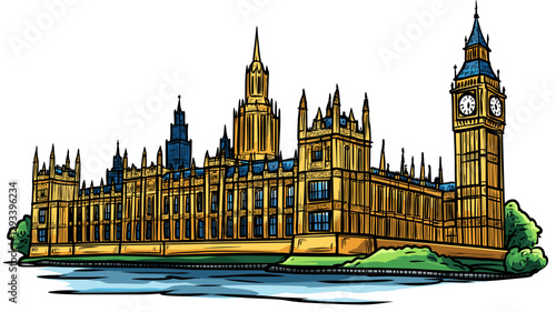 Vector comic hand-drawn illustration of Palace of Westminster. Palace of Westminster in London