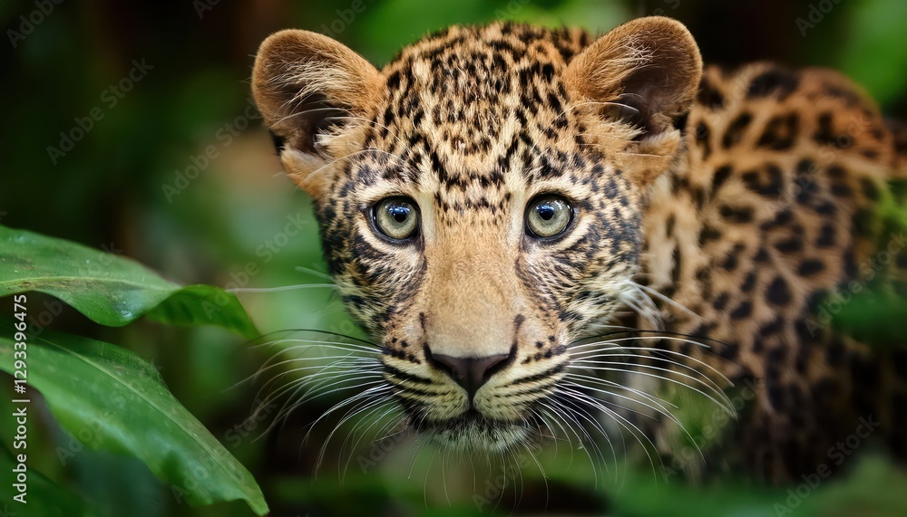 Closeup Portrait of a Young Leopard amidst Lush Jungle Greenery, Capturing Intense Vigilance and the Mystique of the Wild Closeup Portrait of a Young Leopard amidst Lush Jungle Greenery, Capturing Intense Vigilance and the Mystique of the Wild