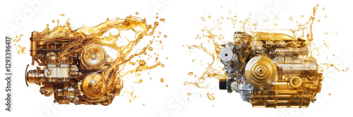 Set of a The engine of the car is made up entirely from golden oil, isolated on transparent background.
