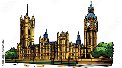 Vector comic hand-drawn illustration of Palace of Westminster. Palace of Westminster in London