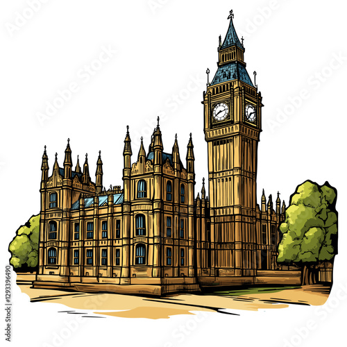 Vector comic hand-drawn illustration of Palace of Westminster. Palace of Westminster in London