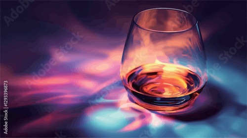 Close-up shot of a stemmed glass containing an amber-colored liquid. The liquid appears to have a slight glow or luminescence. The background is a vibrant and abstract swirl of pink, purple, and