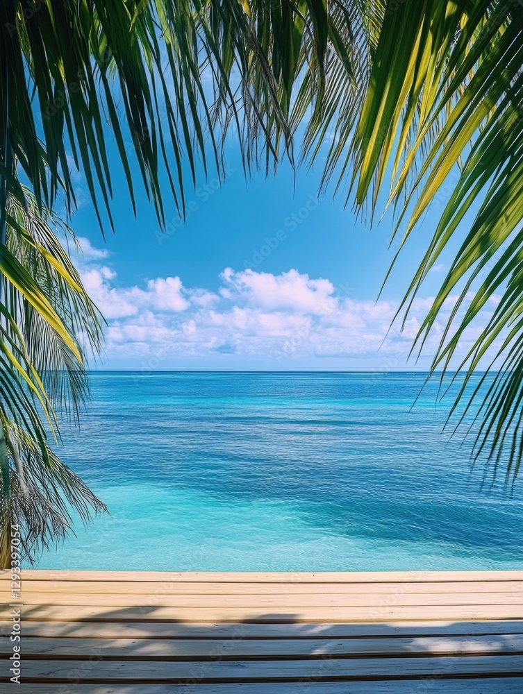 Naklejka premium Beach resort with view of crystal-clear ocean on sunny day.