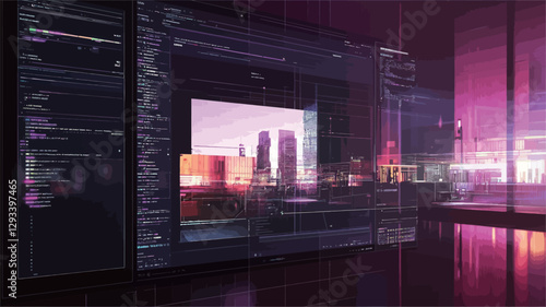 The image shows a close-up view of a large digital screen displaying a user interface with various windows and panels.  The interface suggests a digital design or coding program.  A partially