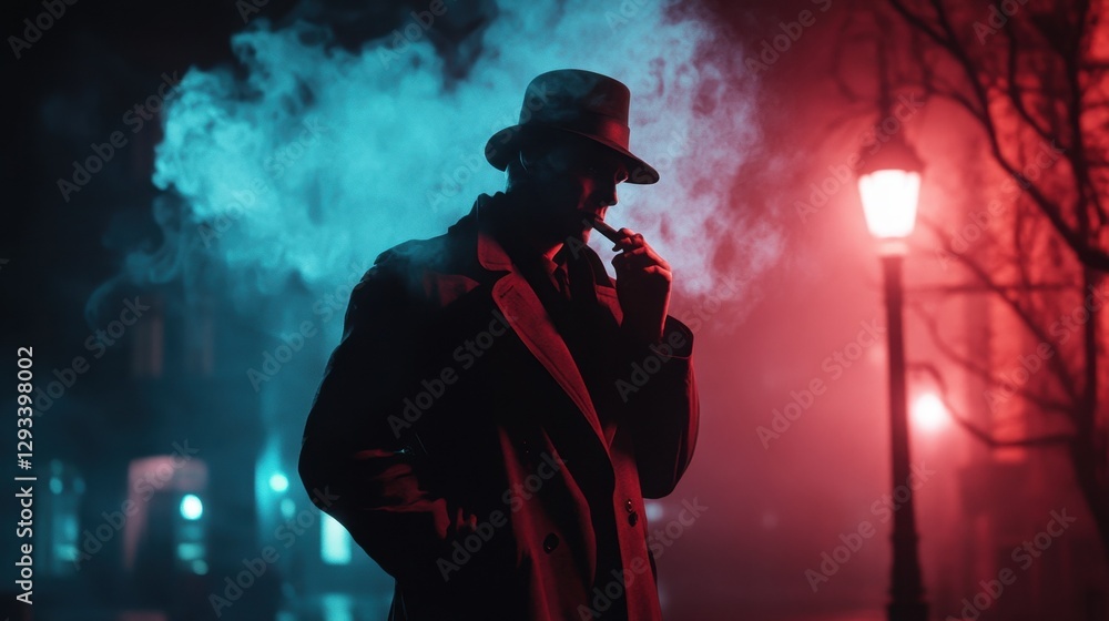 A mysterious figure in a trench coat, smoking a cigar under the glow of a streetlight on a foggy night. A mysterious figure in a trench coat, smoking a cigar under the glow of a streetlight on a foggy night.