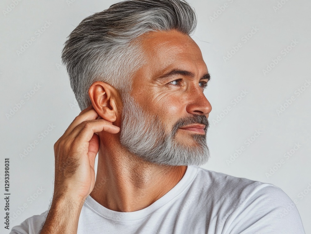 Obraz premium A man with a beard and styled hair, posing confidently for a portrait. He has a modern haircut and is wearing casual clothing.
